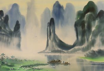 A pair of modern Chinese watercolours, Mountainous river landscapes with junks, signed and dated, 52 x 37cm